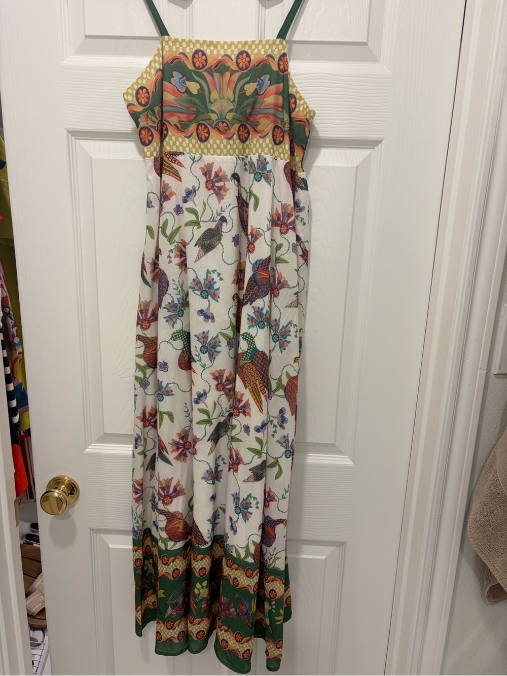 Beulah White Maxi Dress with Green and Orange Floral & Bird Print